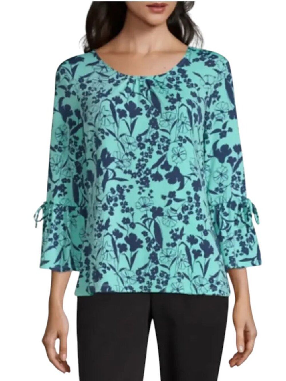 Liz Claiborne 3/4 Bell Sleeve Blouse Floral Mint Green Navy Peasant Cottage LG